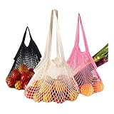 Xiao Hua Wiederverwendbare Einkaufsnetztaschen, Baumwollnetz-Tragetasche, Bauernmarkttaschen für Obst und Gemüse, Einkaufs-Organizer, Aufbewahrungstasche mit langen Griffen, 2 Packungen (Blau-Grau