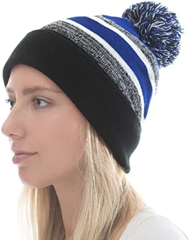 The Hat Depot Winter Soft Unisex Pom Pom Stripe Knit Beanie Skull Slouch Hat (Black and Royal with Pom)