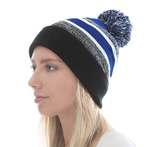The Hat Depot Winter Soft Unisex Pom Pom Stripe Knit Beanie Skull Slouch Hat (Black And Royal With Pom) #TOP2
