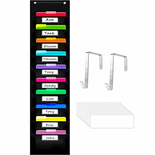 Tableau de Rangement Robuste avec 10 Poches, Classeur Mural Suspendu, 2 Crochets de Porte Inclus, 10 Etiquettes Blanches Effaçables à Sec, Classeurs (Noir, 36 x 119 cm) Cover