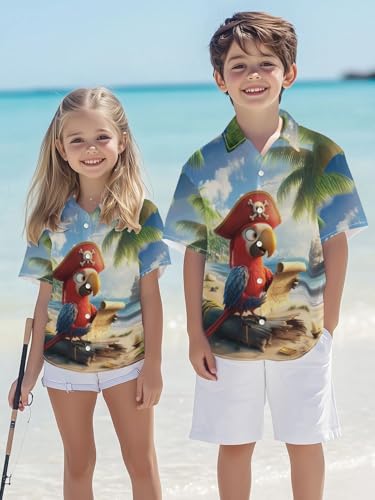Image of THE PIRATE KING Funny Pirate Hawaiian Shirt Boys Girls Beach Tropical Casual Short Sleeve Button Down Shirt for 5-14 Years