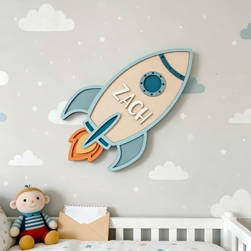 Personalized Rocket Name Sign for Kids Room, Custom Wooden Space