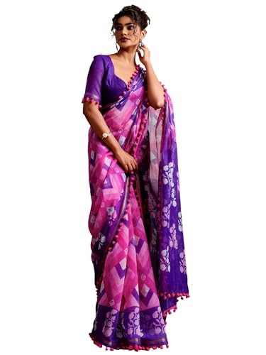 Image of AKHILAM Women's Cotton Printed Saree With Unstitched Blouse Piece