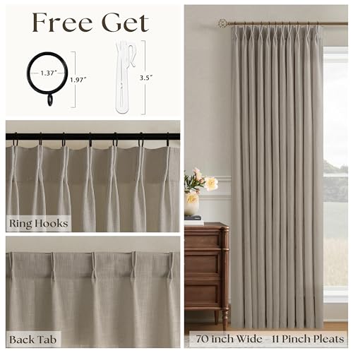 Image of 70 Inch Width Taupe Curtains 90 Inches Long Linen Pinch Pleated | 90 Inch Length, Living Room Bedroom, Semi Sheer, Back Tab, Hooks Rings, Pinch Pleat, Patio Glass Door, Burlywood Birch