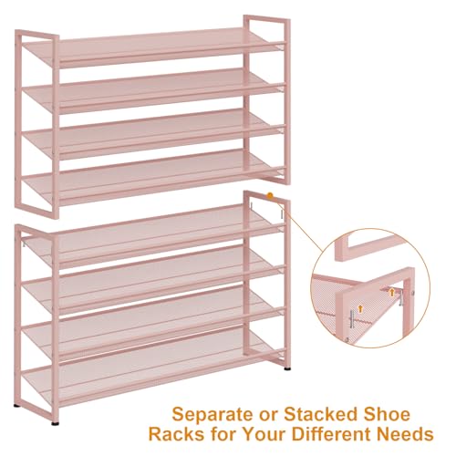 Image of Large Shoe Rack 8 Tier Shoe Organizer, Heavy Duty Metal 4-Tier Stackable Shoe Storage Vertical Shoe Rack for Closet Front Door Entrance, Up to 50 Pairs, 44.8 inch W x 11.4 inch D x 56.7 inch H, Pink