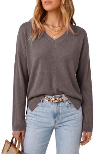 Image of Arach&Cloz Women's Wool Blend Oversized V Neck Fall Casual Pullover Sweater