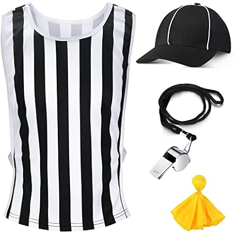 Men's Official Referee Costume Set Black and White Stripe Referee Shirt Yellow Penalty Flag Official Referee Hat Stainless Steel Whistle with Lanyard for Football Basketball Soccer Refs Umpires Cover