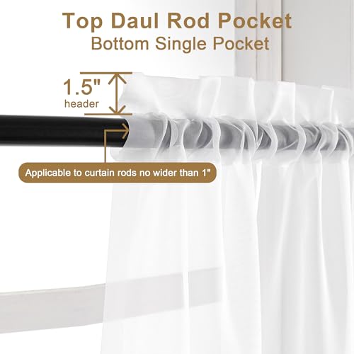 Image of Chyhomenyc Sheer White Valances for Windows 2 Pack, Small Window Curtains for Living Room Bathroom Cafe Laundry Basement, Modern Top Dual Rod Pocket Voile Curtain, 42W x 18L inches, White