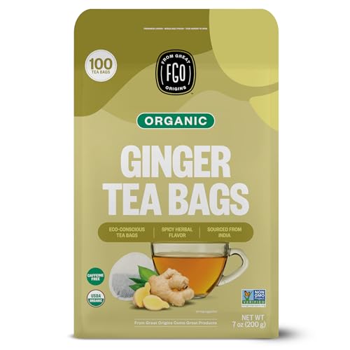 FGO Organic Ginger Tea, 100 Count, Eco-Conscious Tea Bags, Caffeine Free, Packaging May Vary (Pack of 1)