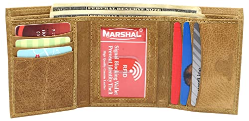 MARSHAL RFID Blocking Men's Genuine Leather Slim Trifold Credit Card ID Holder Tan Wallet for Men3