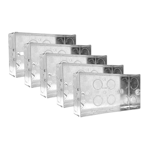 Evoges Double Metal Back Box, 35mm, 2 Gang, 1.0mm Thickness for Electrical Sockets Switches, BS4662 Standard, 20mm & 25mm Knockouts, Adjustable Lug, Brass Terminal (5)