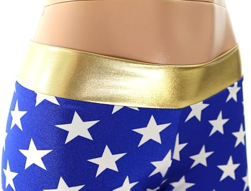 Dilly Duds Blue and White Stars Spandex with a Metallic Gold Waistband - Mid Rise Booty Shorts - Perfect for Cosplay. - Image 2