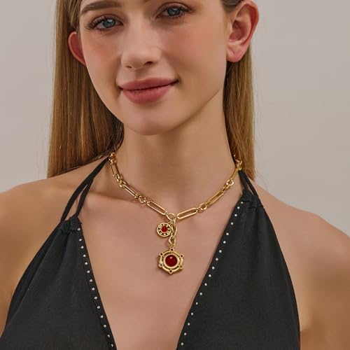 GZQ Chunky Gold Pendant Necklace for Women Deep Red Stone Statement Necklace for Birthday Valentine Mothers (B1) — view 2