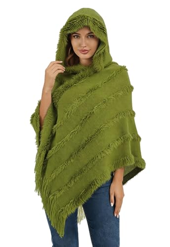 Strick Poncho mit Fransen für Damen Kapuzen Schal Cape Poncho Cape...