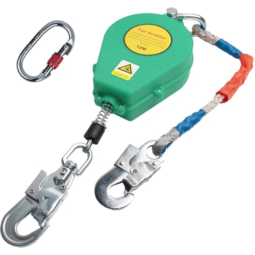 Aocay Dispositif Antichute a Rappel Automatique, Harnais de Securite Anti Chute Rétractable 10m/15m/20m, Protection Antichute Rétractable 150kg pour Travaux sur Toit et Aériens(Vert,10 Mètres)