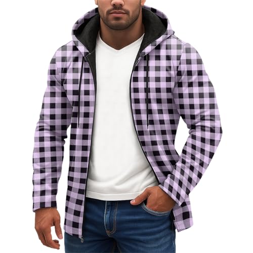 Heavyweight Hoodie for Men Fleece Lined Zip Up Checkered Sweatshirt Winter Thick Drawstring Hooded Jacket with Pocket