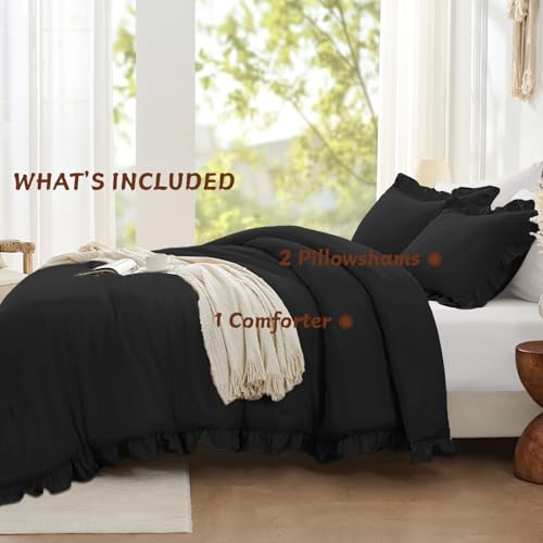 Image of FUANNA King Size Comforter Set Black, 3 Pieces Ruffle King Bedding Set, Fluffy Farmhouse Bed in a Bag King with 1 Lightweight Comforter & 2 Pillowshams