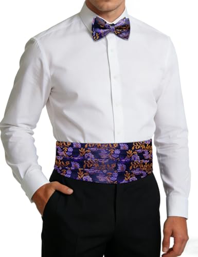 Image of Paisley Floral Tuxedo Cummerbund Bow Tie Pocket Square Set for Men | 3-piece set:cummerbund,bow tie&pocket square.Adjustable back for comfort.Silk blend,wedding,proms,black tie&formal events.