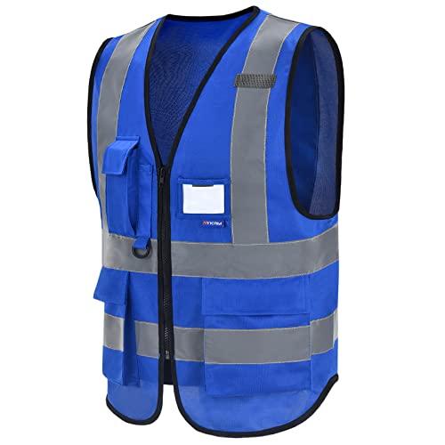Image of High Visibility Reflective Vest, 7 Pockets, Zipper, Blue, 6XL-8XL | Blue 6XL-8XL fabric work vest with 7 pockets, reinforced pockets and front zipper for data centers and mechanical work.