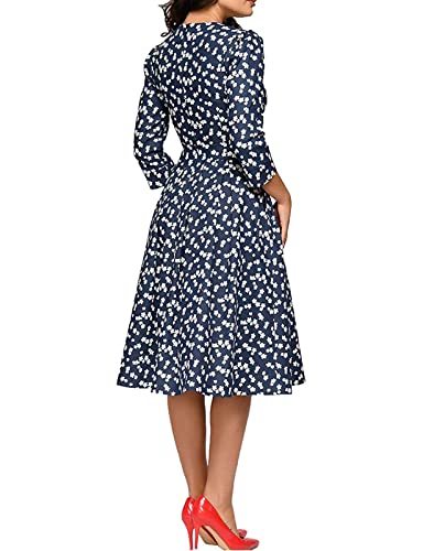Simple Flavor Women's Floral Vintage Dress Elegant Midi Evening Dress 3/4 Sleeves (0805Navy, X-Large) #TOP1