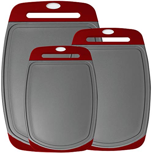 Hottest Sales Gorilla Grip Reversible, Oversized, Thick Cutting Board Set of 3, Grip Handle, Deep Juice Grooves, Slip Resistant, Large Kitchen Chopping Boards for Meat, Veggies, Fruits, Dishwasher Safe, Red Gray