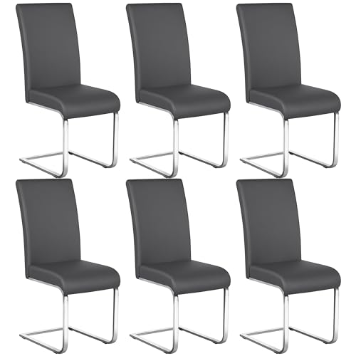 Yaheetech Dining Chairs Set of 6 Modern Faux Leather Upholstered Dining Room Chairs with High Back and Metal Chrome Legs for Kitchen/Living Room/Restaurant, Dark Gray