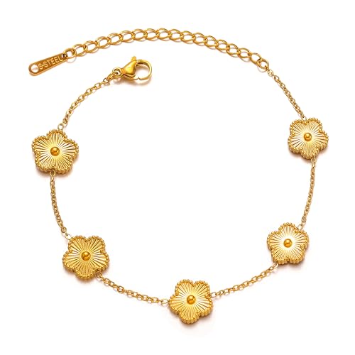 Clover Bracelet Set for Women-18K Gold Plated Lucky Flower Bracelets Stainless Steel Gold Flower Trendy Jewelry Gifts