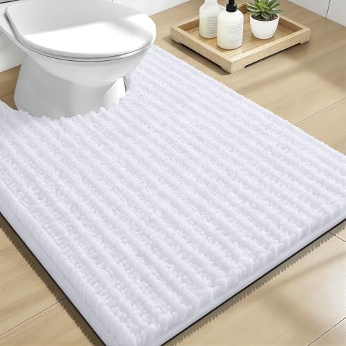 Image of OLANLY Toilet Rugs U Shaped 24x20, Thick Soft and Absorbent Chenille Contour Bath Mat, Non-Slip Rubber Backing, Machine Washable Quick Dry Toilet Mat, Home Decor Accessories, White