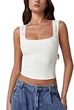 QINSEN Womens Square Neck Lace Top for Summer Sleeveless Crop Top Cami Tank Shirt White M