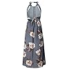 ZESICA Women's Halter Neck Floral Print Backless Split Beach Party Maxi Dress,Grey,Small