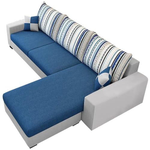 Image of CASASTYLE- Adonia 4 Seater RHS L Shape Fabric Sofa Set with 2 Puffy, Blue-Grey