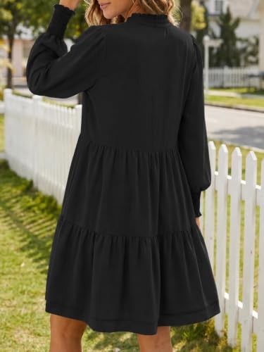 Image of Imily Bela Womens Fall Long Sleeve Tunic Dress Casual V Neck Tiered Dress | Loose,Swing,A-Line,Ruffled Collar,Puff Balloon Sleeve,Smocked Elastic Cuffs,Tiered Layered Ruffle Hem,Babydoll,Loose,Mini