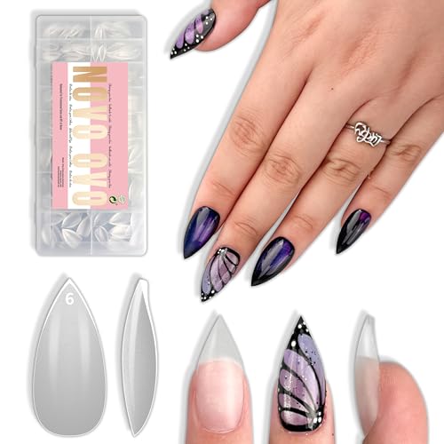 NOVO OVO Short Sharp Stiletto Nail Tips - 16 Sizes Extra Thick PMMA Soft Gel Press on False Nails, 1.5x Stronger Full Cover Clear Acrylic Fake Nails for DIY Home Salon (0.94" Max Length) 480Pcs