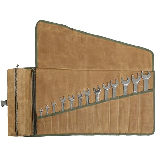 Tool Roll Organizer, Canvas Wrench Roll with 2 Zippered Pouches + Buckle Closure, Heavy Duty 16oz Waxed Canvas Roll Up Tool Pouch for Wrench Set Chisel Screwdriver | Khaki | 26"L x 12.5"W -  Kaaltisy, XT_gongjujuanbao02_kaqi