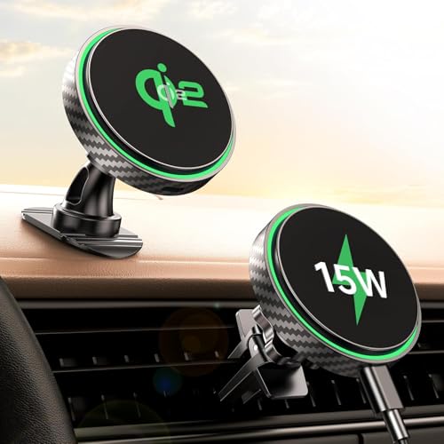 GuMosh Qi2 15W Cargador Magsafe Coche Inalámbrico, [Certificado Qi2 con Función de Carga Rápida y Estable] Soporte Magnético Coche en Rejilla de Ventilación/Tablero para iPhone 17 16 15 14 13 12