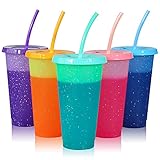 Reusable Plastic Cups with Lids & Straws - 5 Pack Color Changing Cup | 24oz Bulk Ice Cold Drinking Straw Tumbler for Kids & Adults