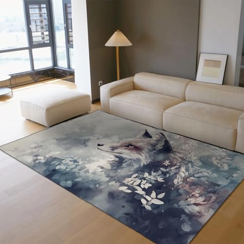 HOBBOY Alfombra Modern Ink Wash Art 60 x 100 cm Elegante Zorro y Hojas abstractas Estampado área Tapetes Lavadora en Lavadora Pelo bajo para decoración del Suelo la Sala Estudio