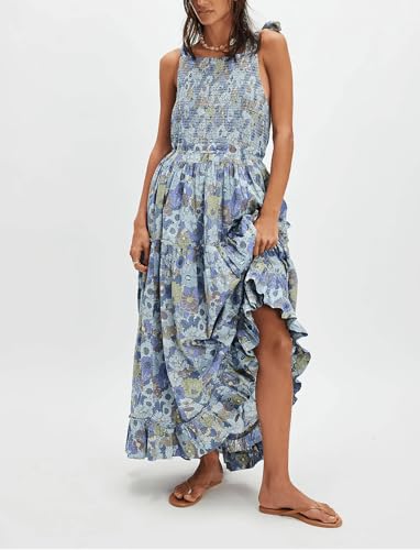 Image of Women Y2k Boho Maxi Dress Tie Shoulder Backless Strappy Tiered Flowy Dress 2024 Summer Floral Beach Sundress