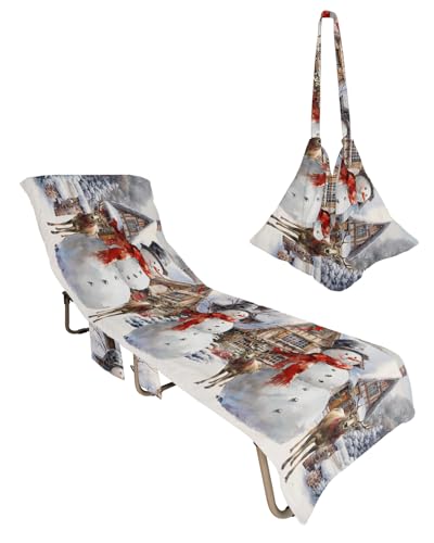 Christmas Beach Lounge Chair Towel Cover, Soft Chaise Lounge Towel with Side Pockets Patio Pool Chairs Cover for Beach/Pool Sunbathing 29x85 Xmas Snowman Elk Winter Snowflake Oil Painting