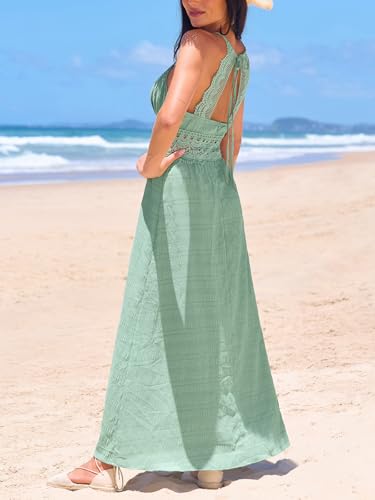 CUPSHE Women Backless Maxi Beach Summer Dress V Neck Lace Cutout Back Tie Spaghetti Strap Casual Wedding Guest Dresses3