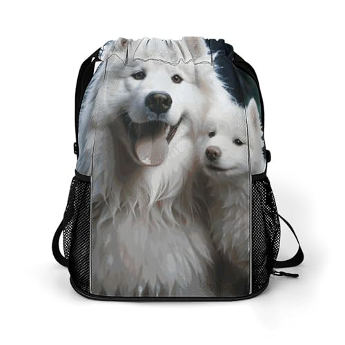 Drawstring Backpack Sports Gym Swim Bag with Shoes Compartment White Dog Stuff Sack
