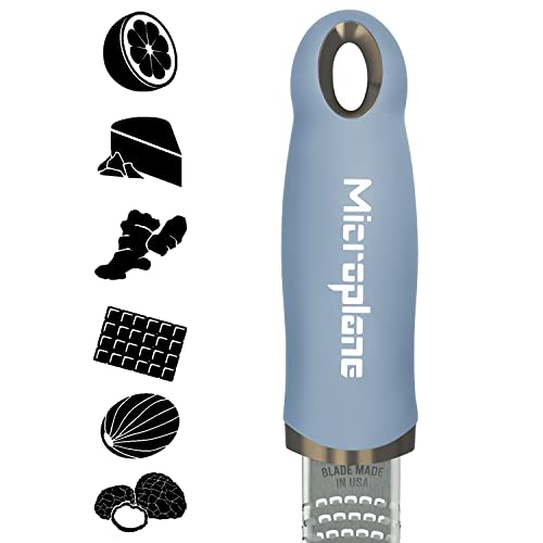 Image of Microplane Zester Grater in Sky Blue for Citrus Fruits, Hard Cheese, Ginger, Chocolate and Nutmeg with Fine Stainless Steel Blade - Made in USA