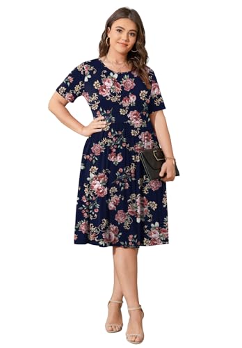 Image of POSESHE Womens Plus Size Summer Dress 2026 Casual Short Sleeve Empire Waist Loose Fit Swing T-Shirt Dress with Pockets