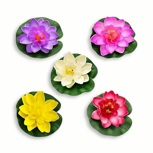 5 Pièces 5 Couleurs Set Plantes de Lotus Artificielles Fleurs Flottantes Simulées de Lotus Utilisables Toutes Les Saisons Décoration D'Aquarium Bassin...