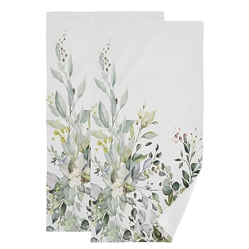 HATESAH 2 Pack Eucalyptus Hand Towels,Microfiber Absorbent Watercolor Sage Green Leave Bathroom Towels,Quick Drying Plant Floral Kitchen Towels,Leaf Hand Towels for Bathroom,Shower,Guest,Face 14"x28"
