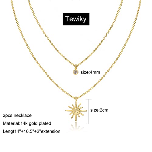 Tewiky Star Necklace For Women, Layered Diamond Star Necklaces Gold Plated Dainty Gold Long Necklaces For Women Simple Gold Necklace Set Small Cz Rhinestone Pendant Necklace Jewelry Gifts For Her #TOP4