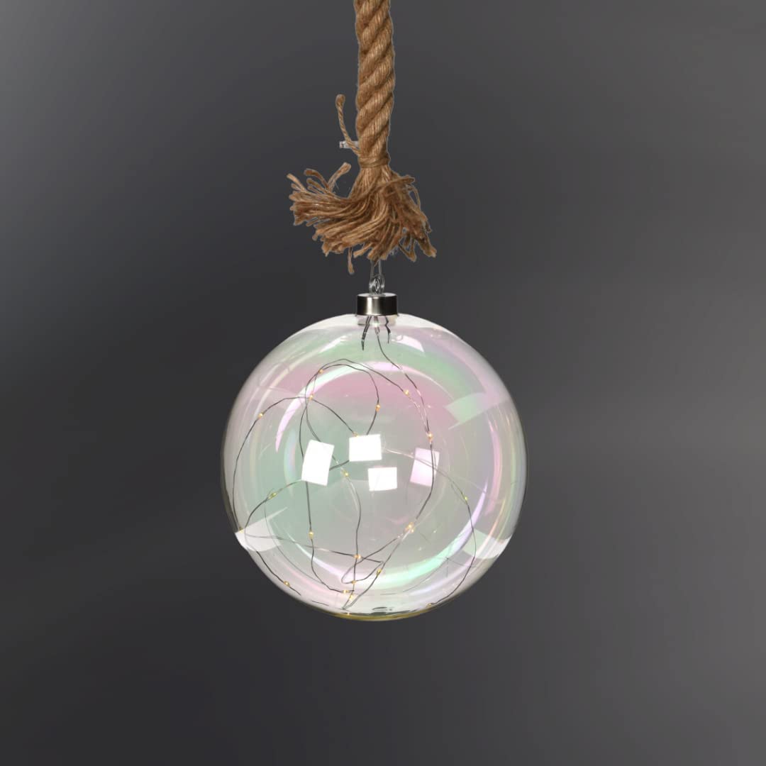 Urbnliving Iridescent Led Light Up Glass Ball Orb Globe On 1M Brown Jute Rope With Timer Décor Xmas (, 12Cm)