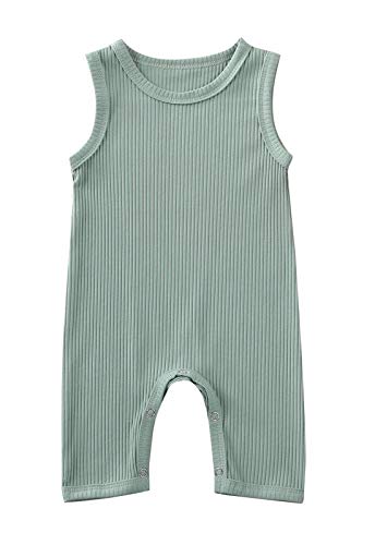 Kuriozud Newborn Infant Unisex Baby Boy Girl Button Solid Romper Bodysuit One Piece Jumpsuit Outfits Clothes (Sleeveless Romper Light Green, 0-3 Months)