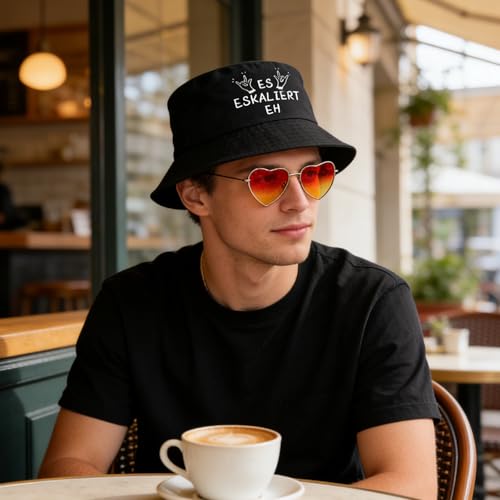 Es Eskaliert Eh Fischerhut + Herz Sonnenbrille Set Lustiger Anglerhut Für Mallorca Party Outfit Accessoires, Karneval - Cooles Party Festival Outfit Damen Herren,Festival Outfit Bucket Hat Hut Schwarz