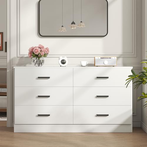 Bigbiglife Cómoda de madera para dormitorio, 6 cajones doble con asas de metal, cómoda resistente y moderna (blanco)